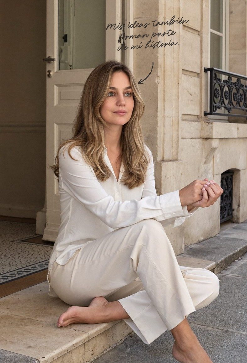 Anabela sentada en un escalón a la puerta de un edificio, vestida de blanco