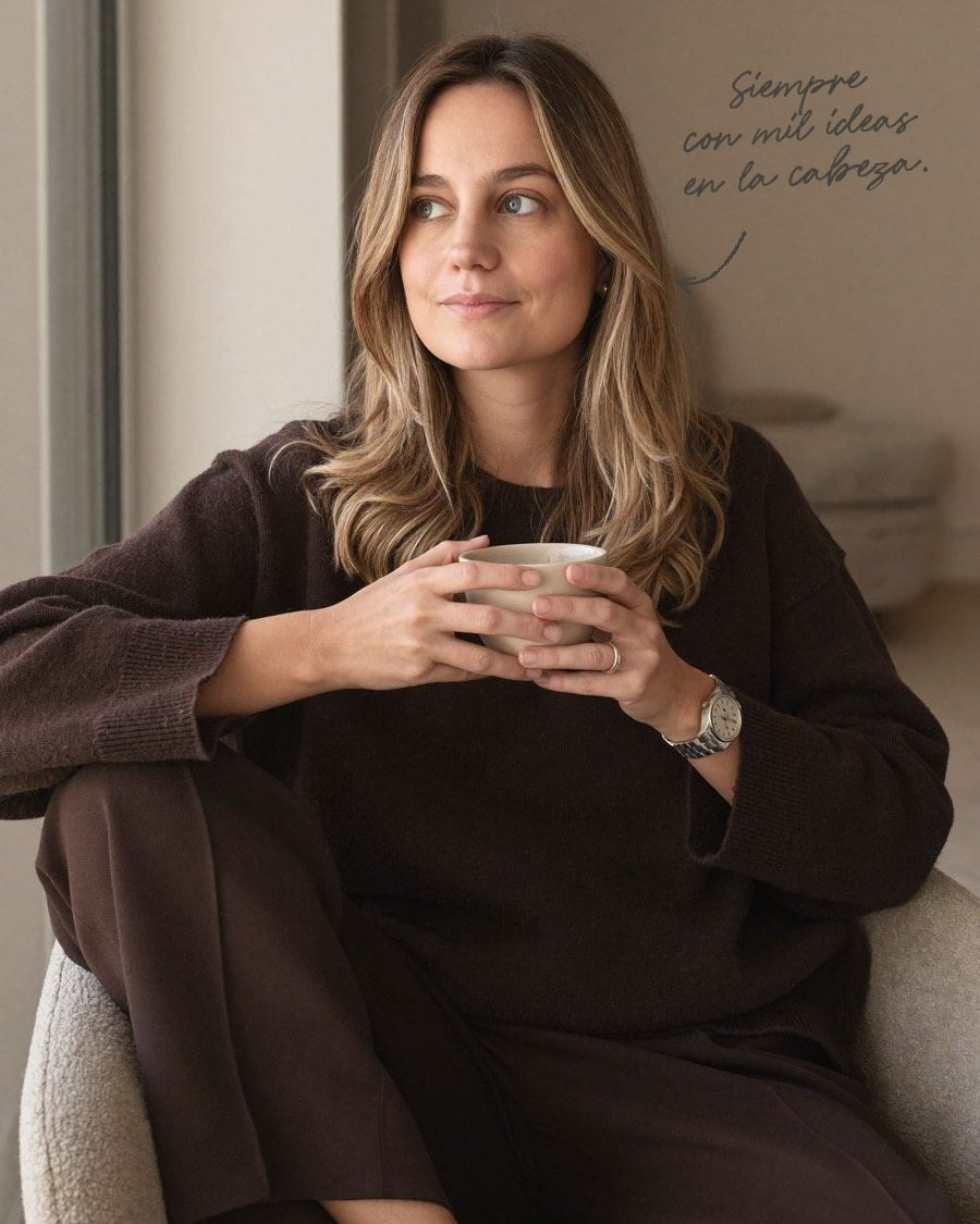 Anabela con una taza entre las manos, mirando por la ventana